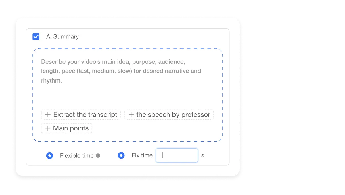 AI Video editing tools - Interface showing AI Summary feature for extracting key points from transcripts, generating concise summaries, and enhancing video editing efficiency for educational content, meeting recaps, and promotional videos.